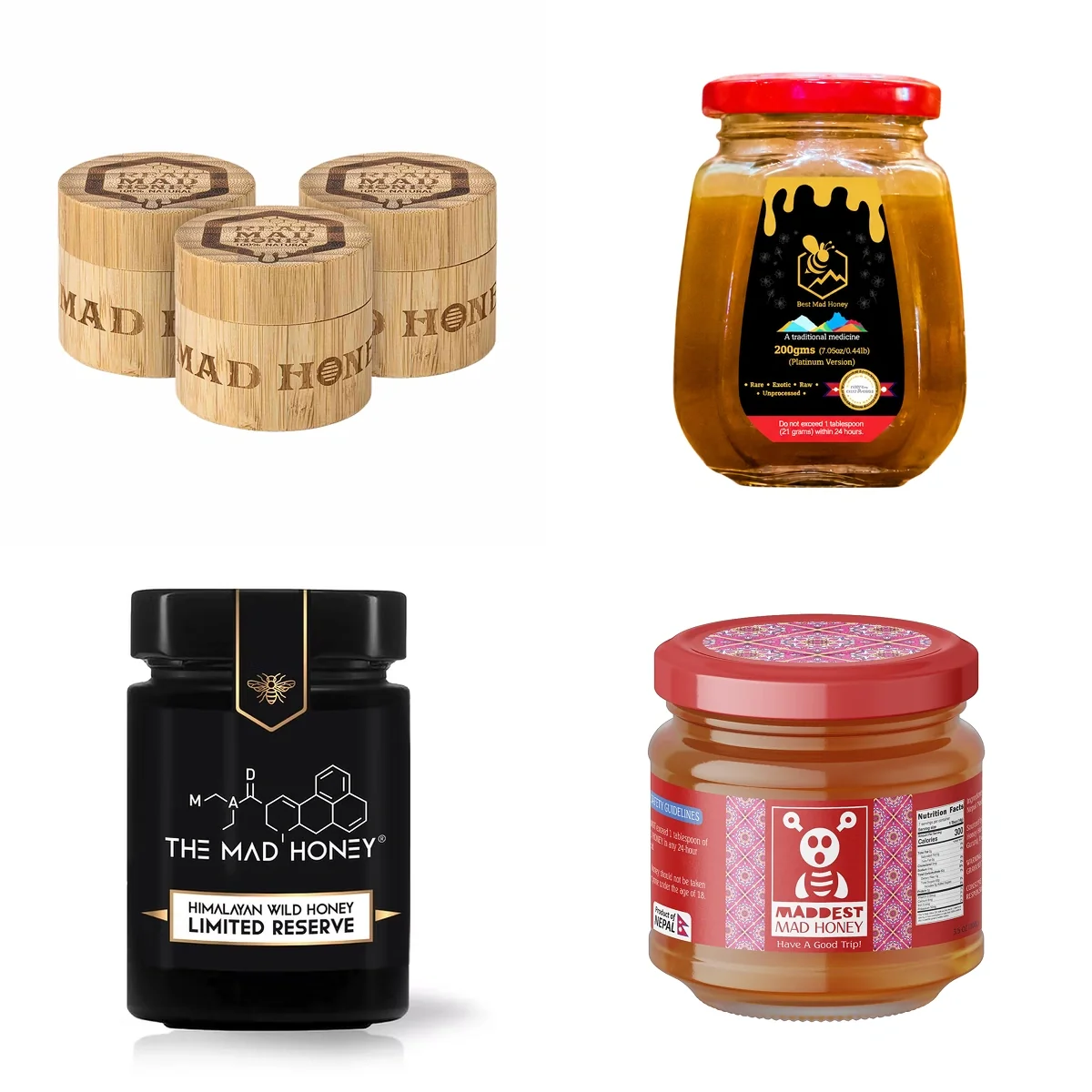 Four jars compared in a best mad honey review featuring Real Mad Honey, Best Mad Honey, The Mad Honey, and Maddest Mad Honey.